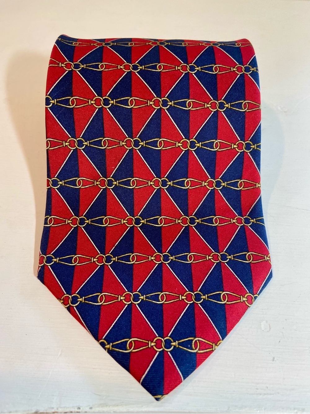 Gucci Vintage Silk Red Blue Diamond Gold Horse bit Tie Made in Italy 100% Silk